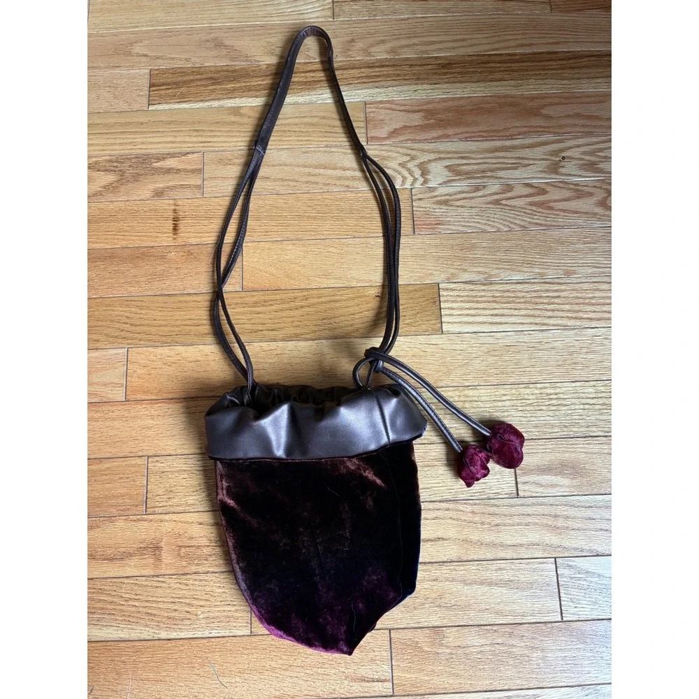 Italian Velvet Drawstring Pouch Bag Blue Burgundy Metallic Leather Floral Charm
